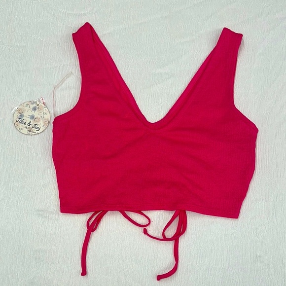 Pink Ruched Crop Tank Top with Tie Front - Picture 4 of 5